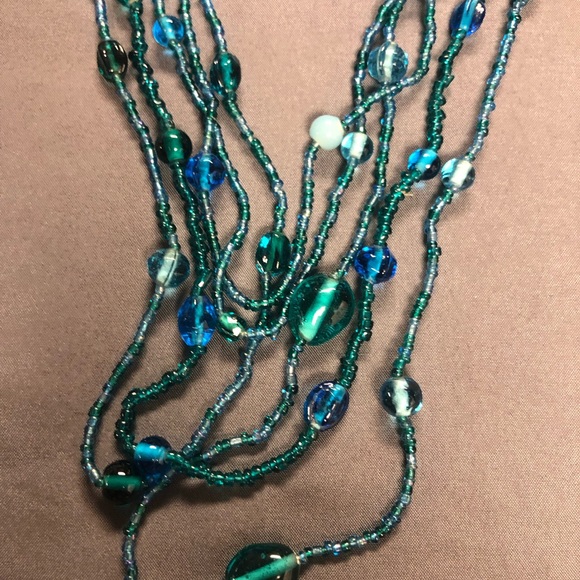 Elegant Multi-Strand 3 Strand Blue and Green Glass Beaded Necklace - Picture 3 of 3